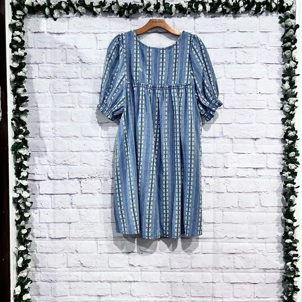 Treasure & Bond Denim Embroidered Puff Sleeve Mini Dress Boho Casual Size XL - Picture 4 of 12